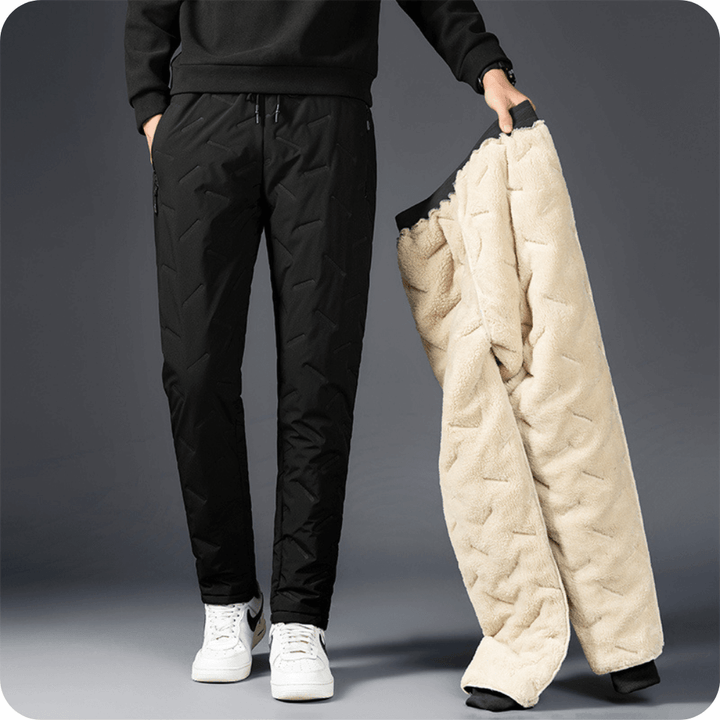 Grå forede bukser med blødt fleece. Komfortable vinterbukser til mænd og kvinder.